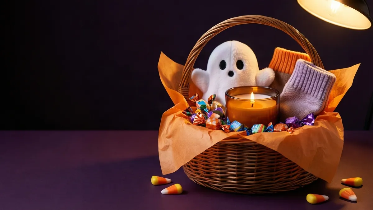A woven basket of wrapped candy, a plush ghost, folded socks and a lit amber candle on a deep purple surface, lit by a warm overhead lamp